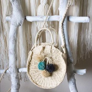 Unique Aqua Raffia Pom Pom Cross Body Bag with …